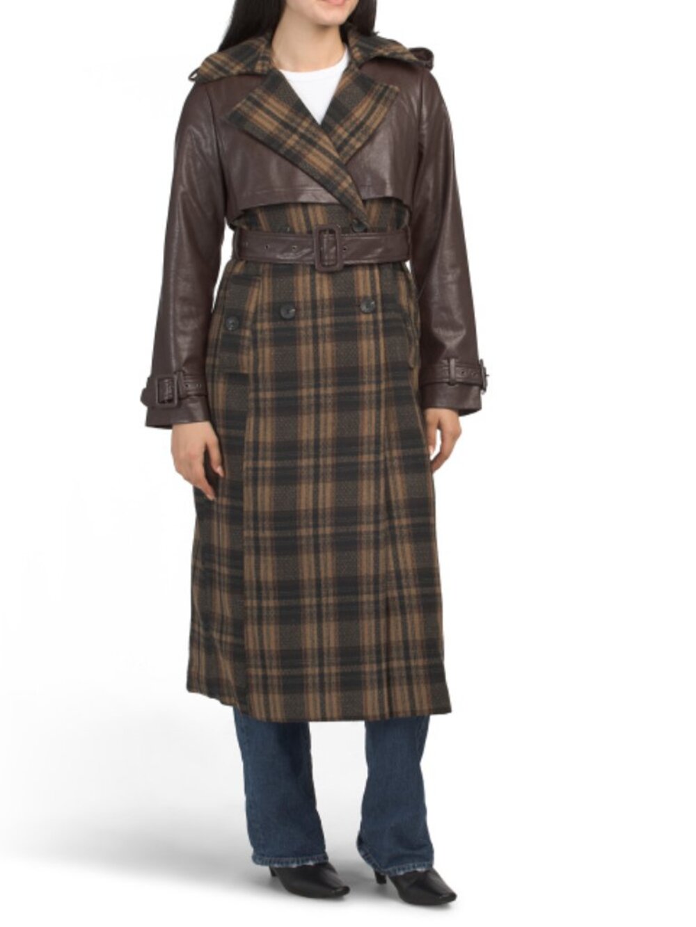 AVEC LES FILLES Brown Plaid Trench Coat with Leather Finish